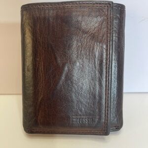 Fossil Dark Brown Leather Wallet Trifold Men